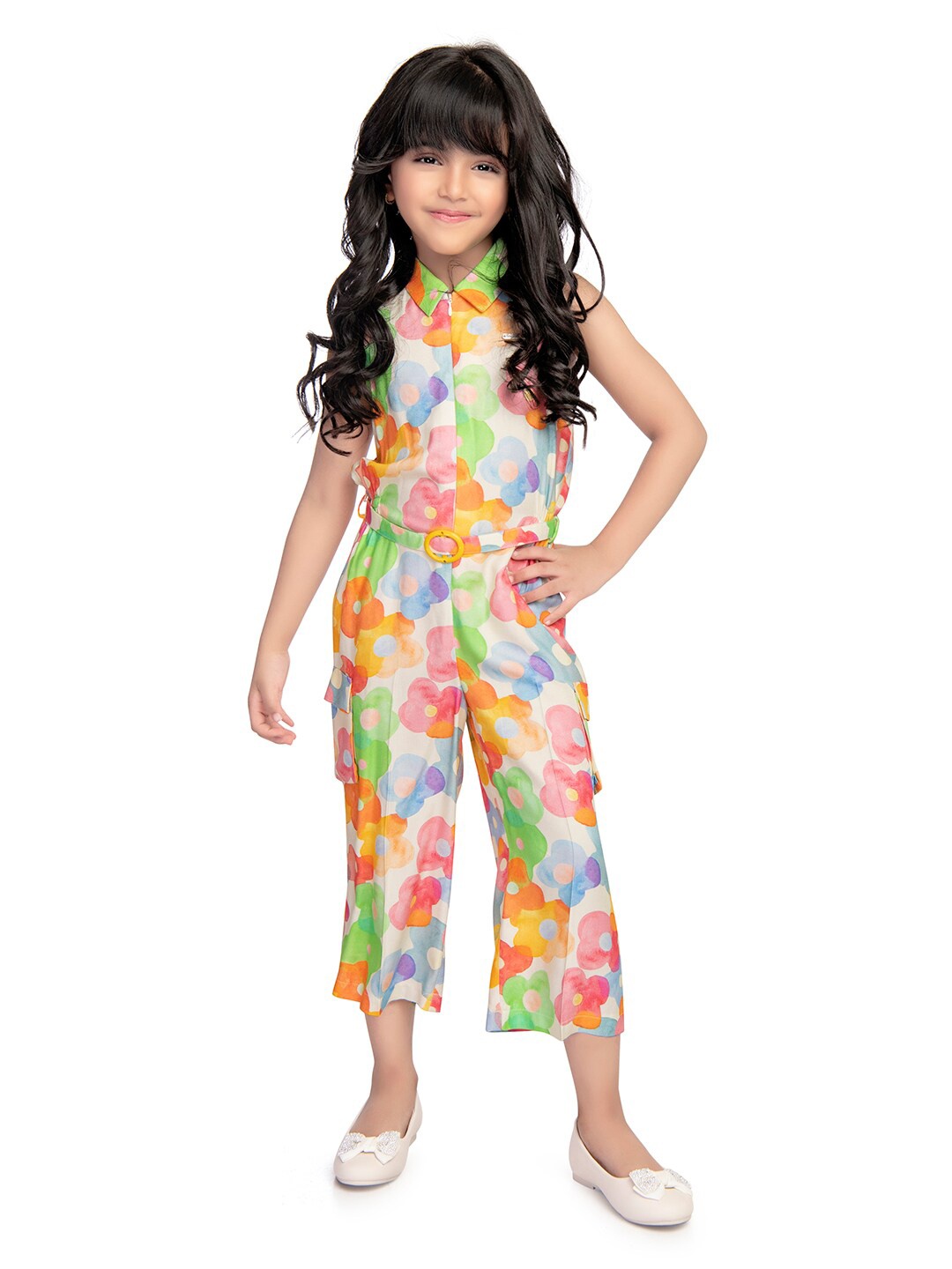 

Tiny Baby Girls Floral Printed Shirt Collar Basic Jumpsuit With Belt, Cream