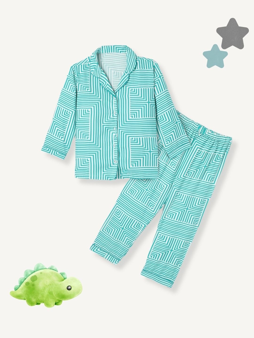 

FUNKRAFTS Girls Printed Lapel Collar Long Sleeves Pure Cotton Night suit, Green