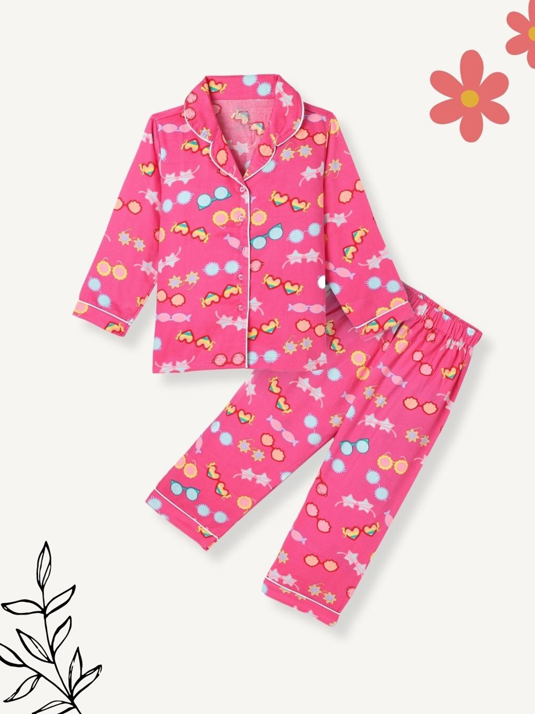 

FUNKRAFTS Girls Printed Lapel Collar Long Sleeves Pure Cotton Night suit, Pink