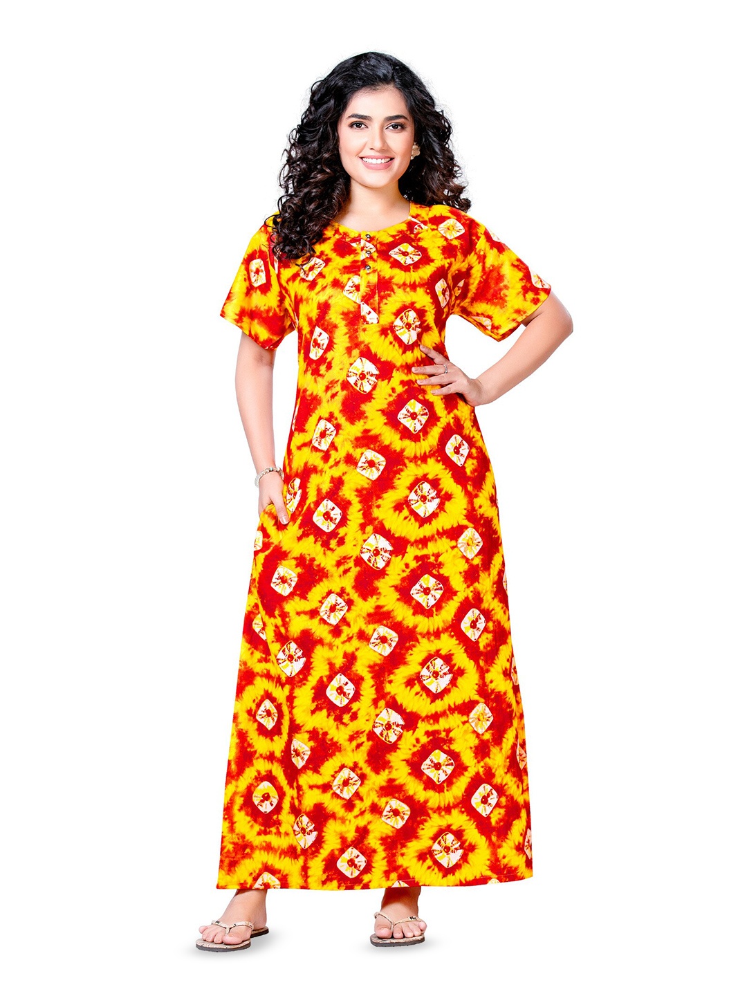 

Keyocean Ethnic Motifs Printed Pure Cotton Maxi Nightdress, Yellow