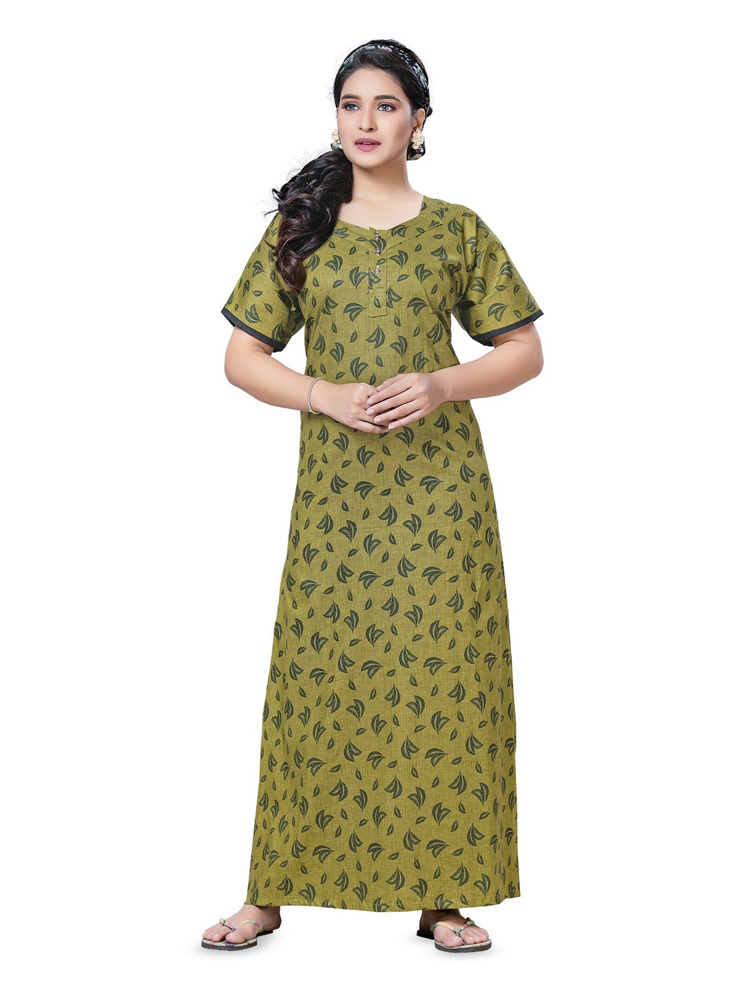 

Keyocean Floral Printed Square Neck Pure Cotton Maxi Nightdress, Green