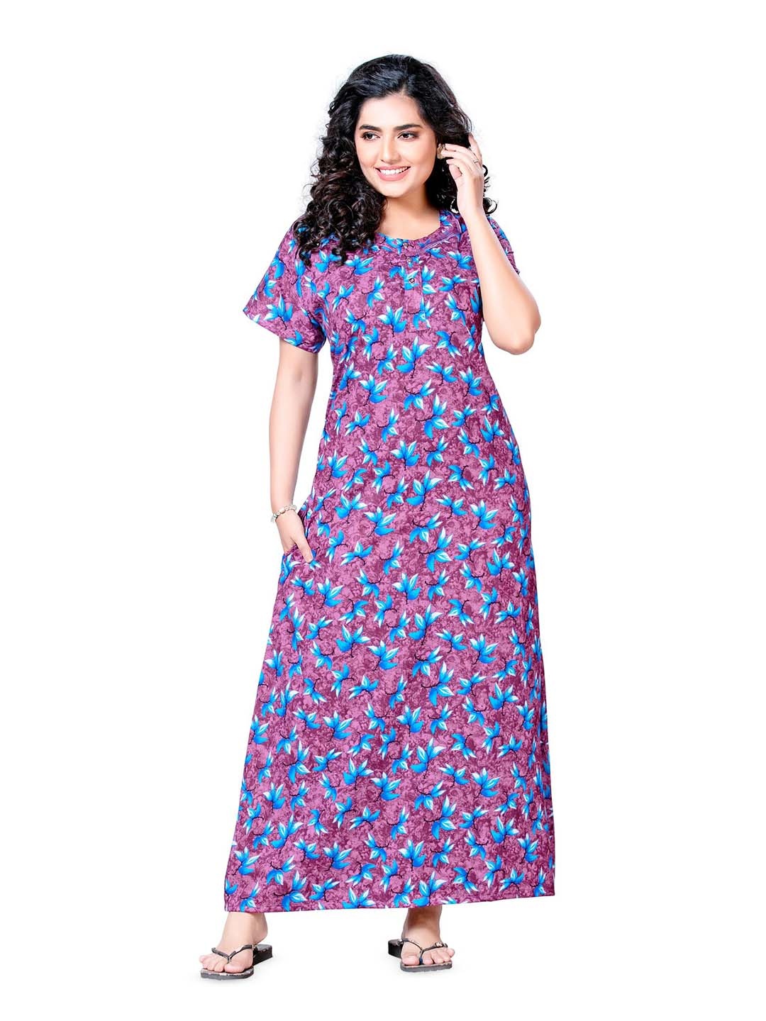 

Keyocean Floral Printed Pure Cotton Maxi Nightdress, Purple