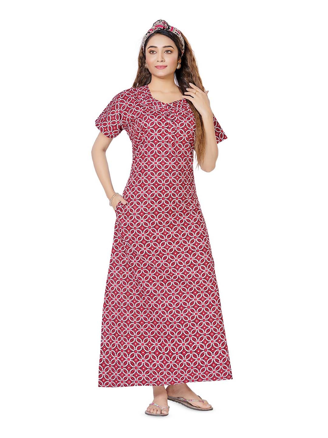 

Keyocean Ethnic Motifs Printed Pure Cotton Maxi Nightdress, Red