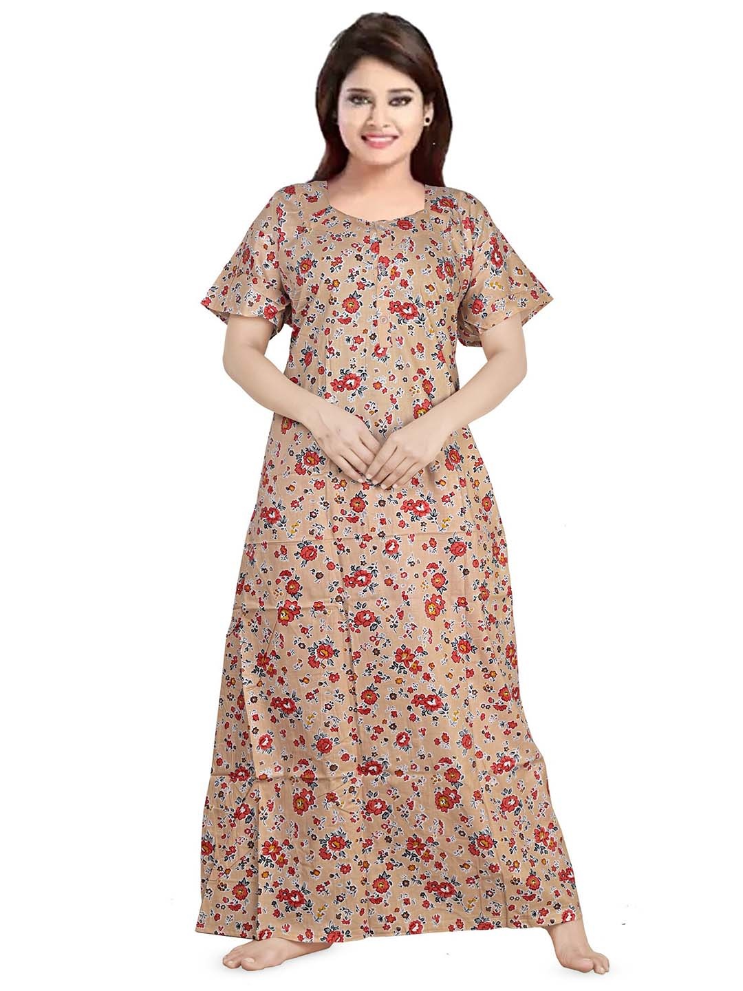 

Keyocean Floral Printed Pure Cotton Maxi Nightdress, Beige