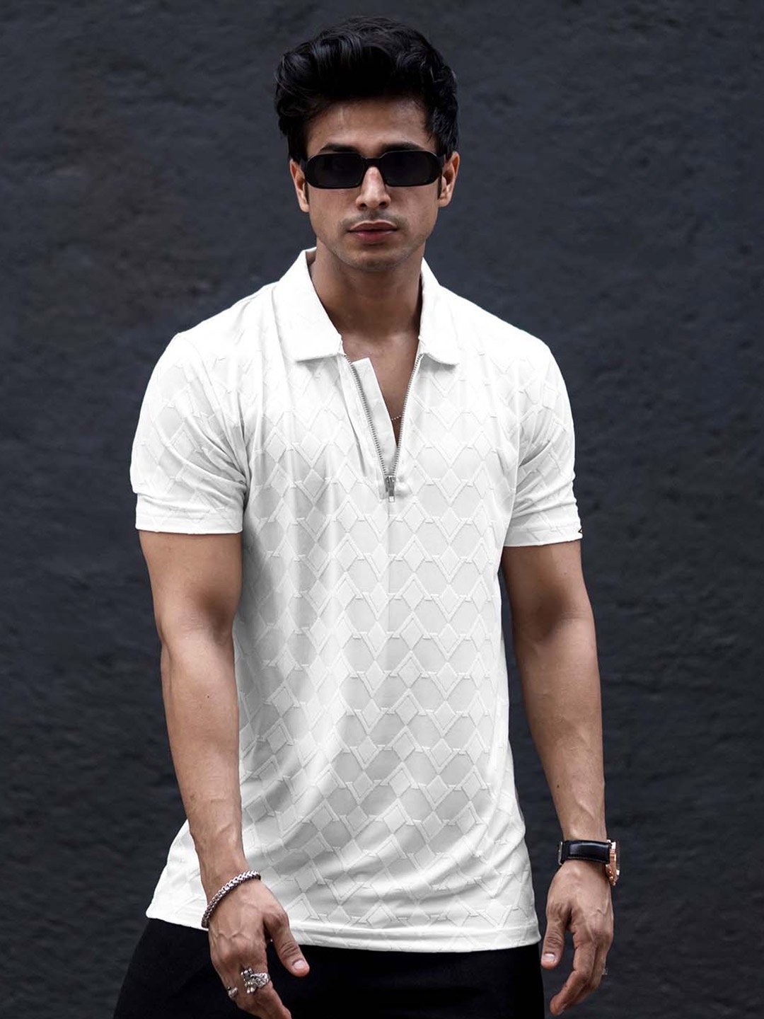 

Maniac Men Striped Polo Collar Slim Fit T-shirt, White
