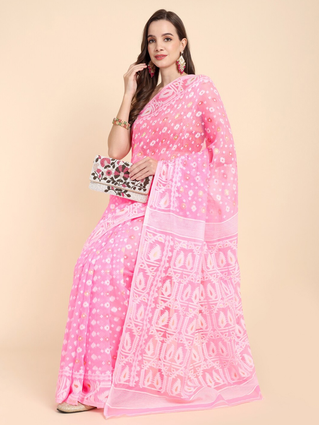 

SLAGHA Woven Design Jamdani Saree, Pink