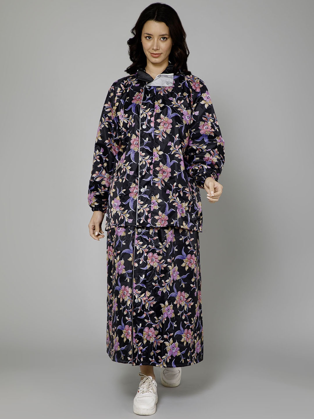 

THE CLOWNFISH RainGlam Floral Printed Rain Skirt & Jacket, Black