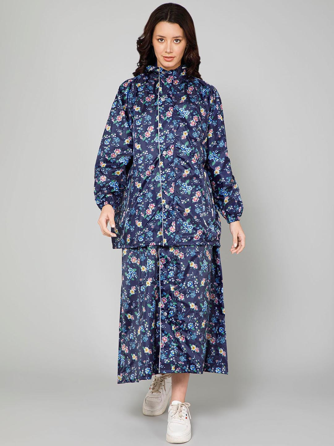 

THE CLOWNFISH Women Floral Printed Rain Skirt & Jacket, Navy blue