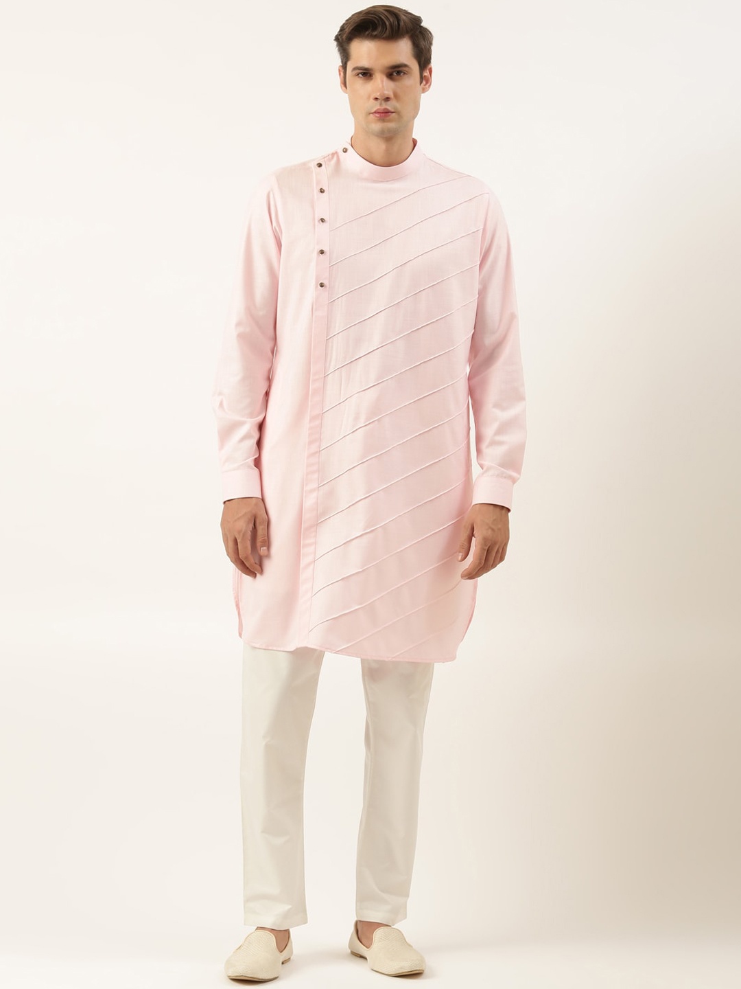 

TheEthnic.Co Band Collar Long Sleeves Striped Pure Cotton Straight Kurta with Pyjama, Pink