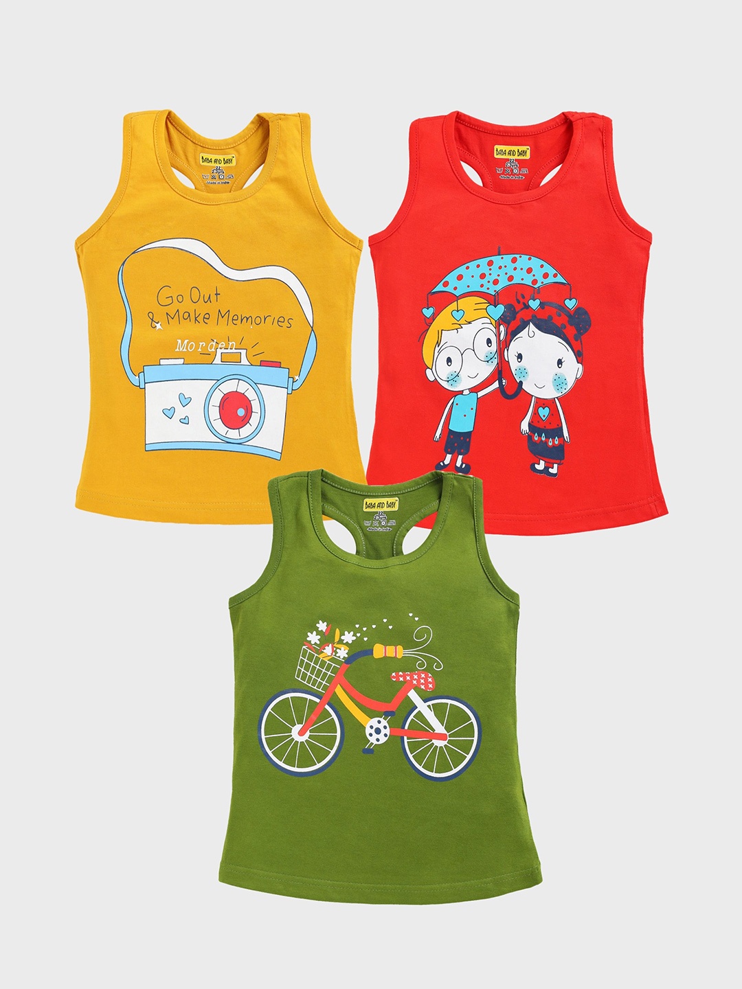 

Baba & Baby Girls Pack Of 3 Graphic printed Cotton Regular Fit T-shirt, Mustard