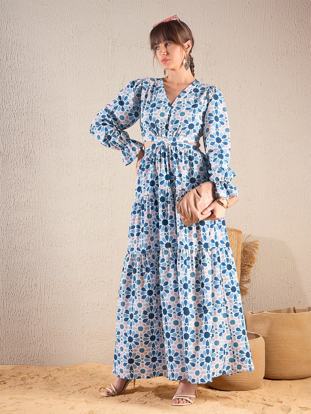 

SASSAFRAS Teal Blue Floral Printed V Neck Cut Out Tiered Maxi Dress