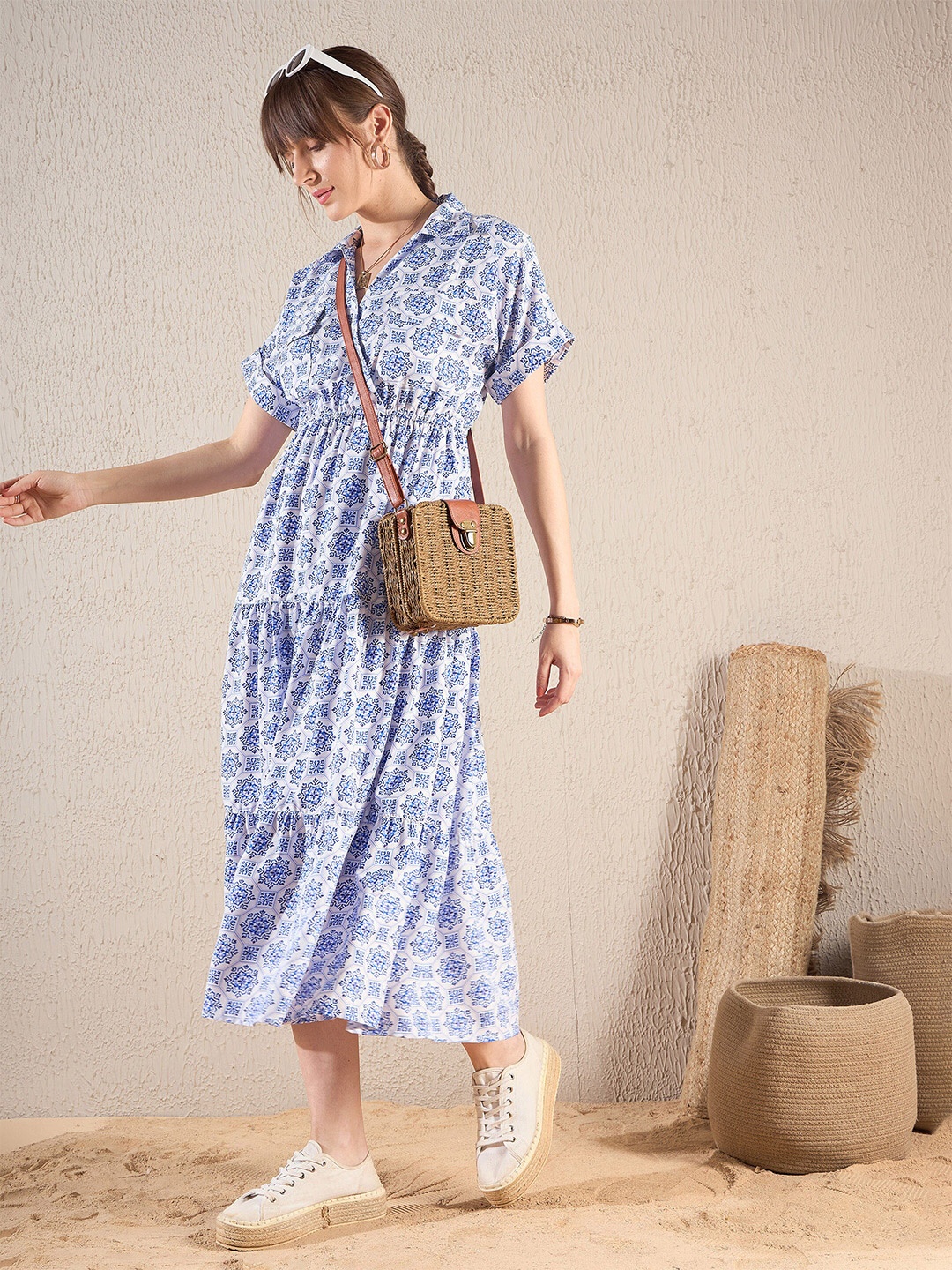 

SASSAFRAS Blue Ethnic Motifs Printed Tiered A-Line Midi Dress