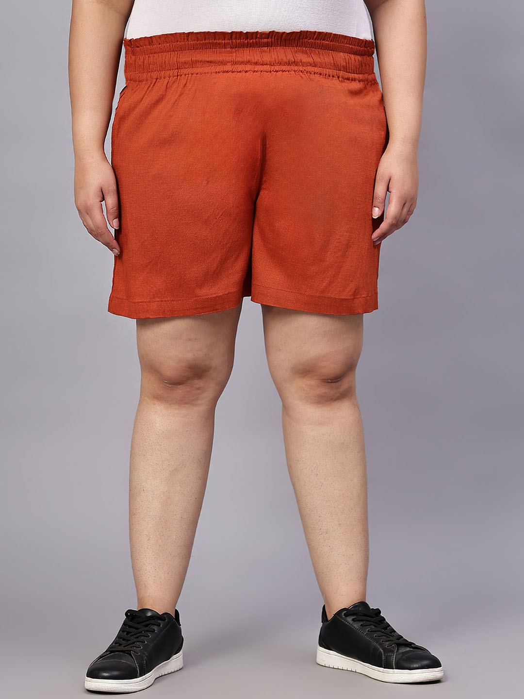 

Indietoga Plus Size Pure Cotton High-Rise Stretchable Shorts with Pockets, Rust