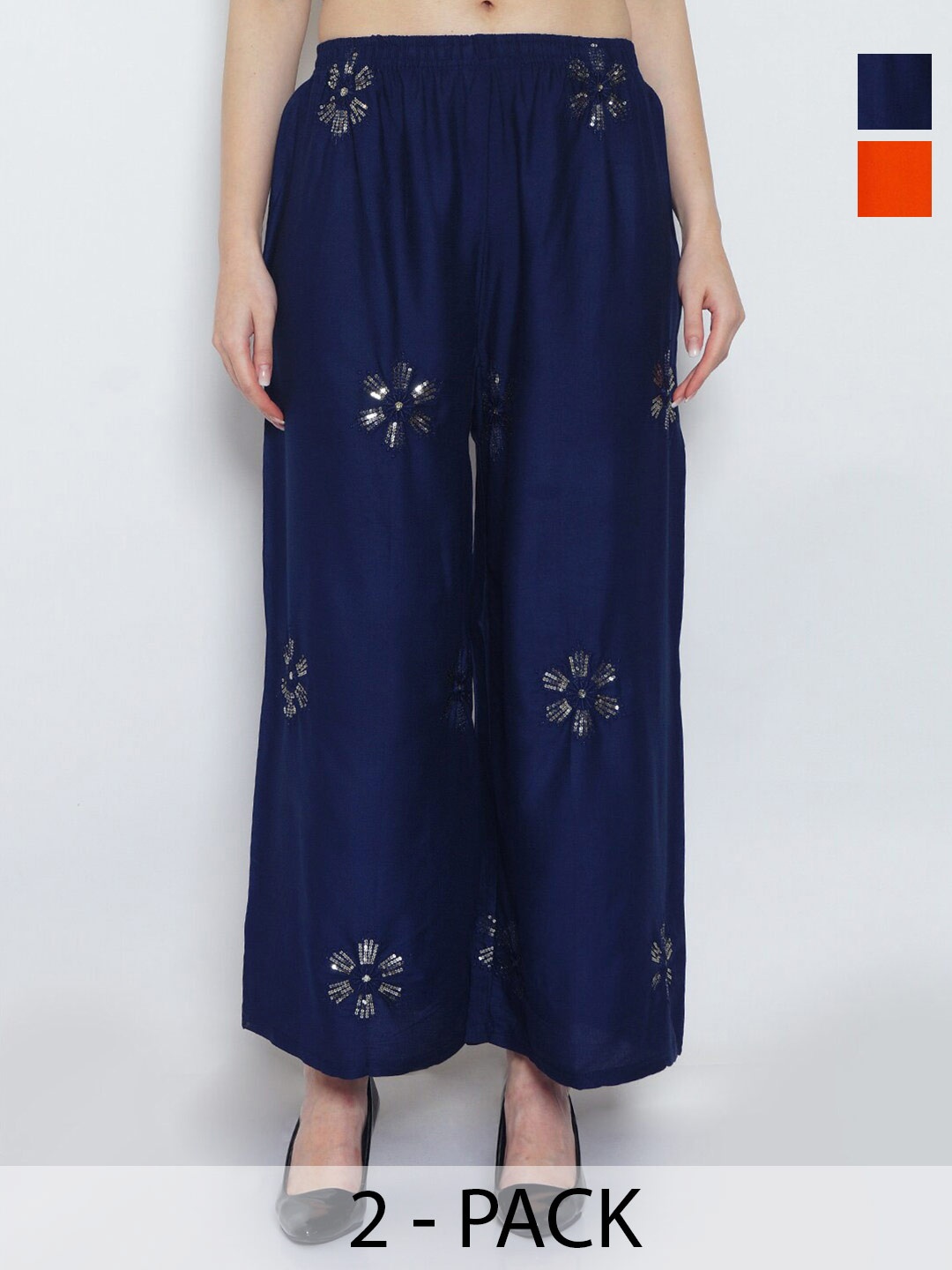 

GRACIT Pack Of 2 Floral Embroidered Wide Leg Palazzos, Orange