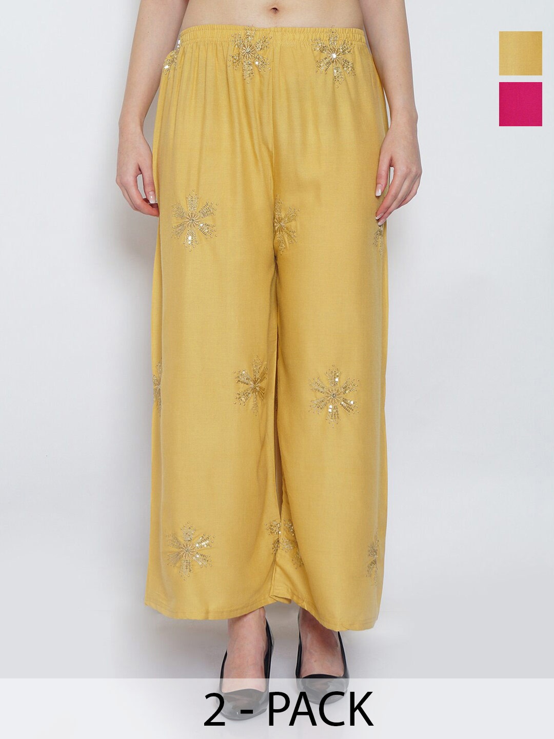 

GRACIT Women Pack Of 2 Floral Embroidered Wide Leg Knitted Palazzos, Pink