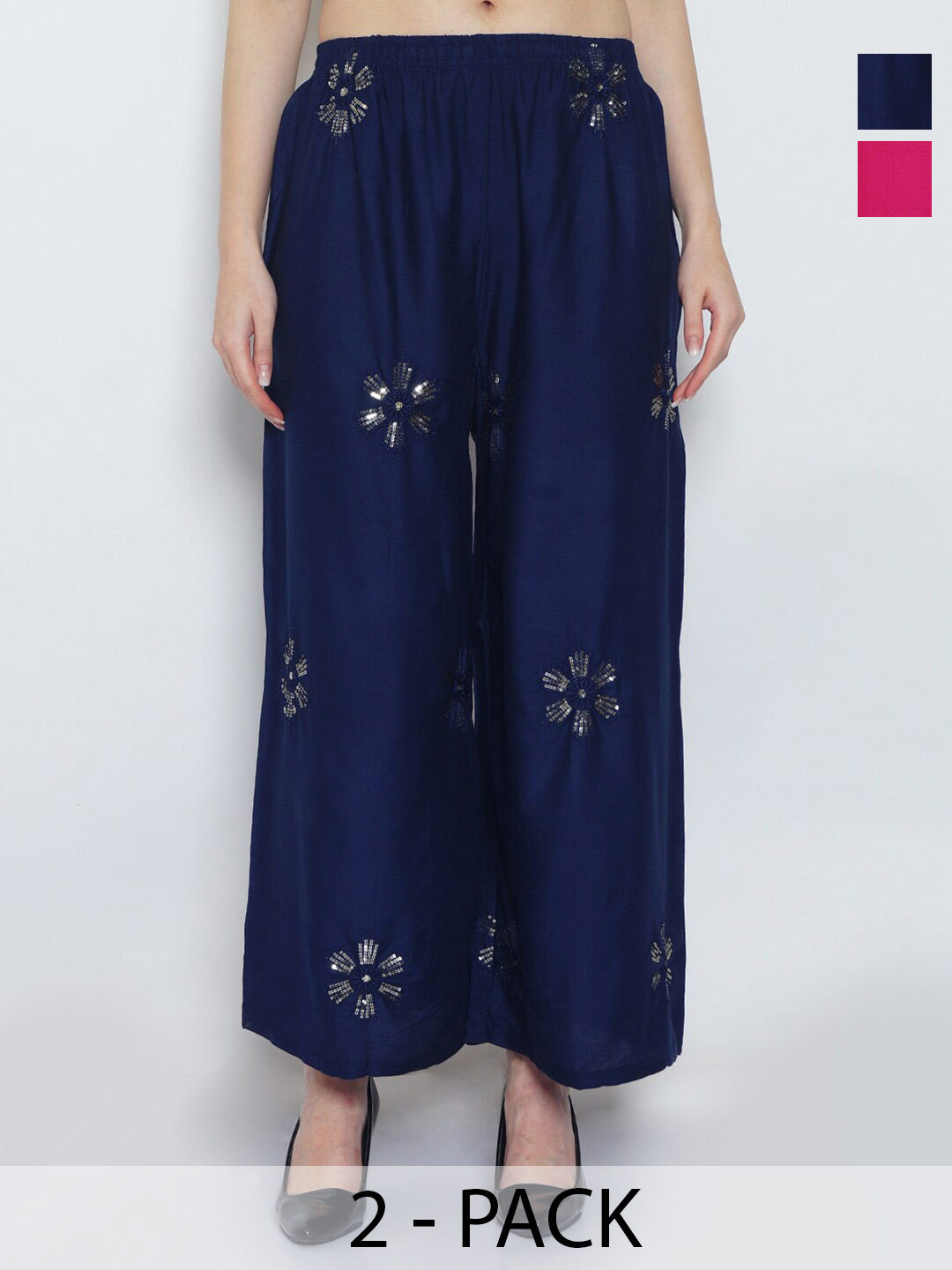 

GRACIT Pack Of 2 Floral Embroidered Wide Leg Palazzos, Pink