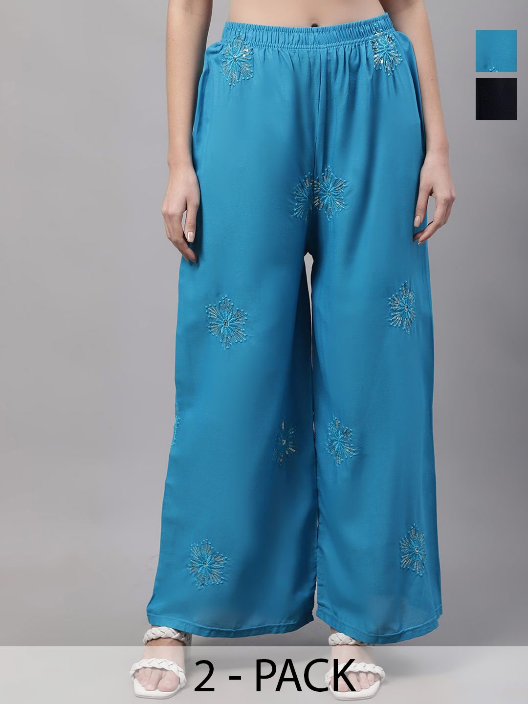 

GRACIT Pack Of 2 Floral Embroidered Flared Leg Knitted Palazzos, Black