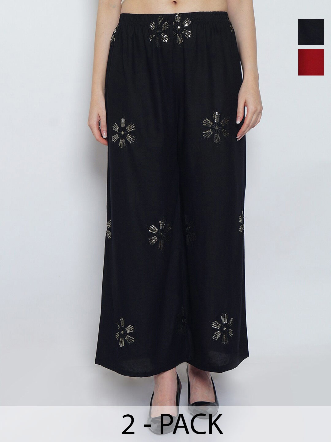 

GRACIT Pack Of 2 Floral Embroidered Flared Leg Knitted Palazzos, Black