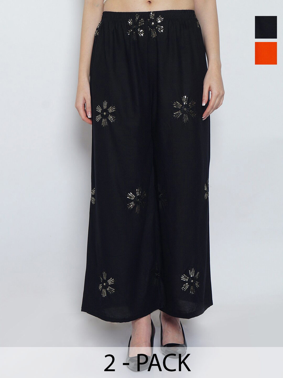 

GRACIT Pack Of 2 Floral Embroidered Flared Leg Knitted Palazzos, Black