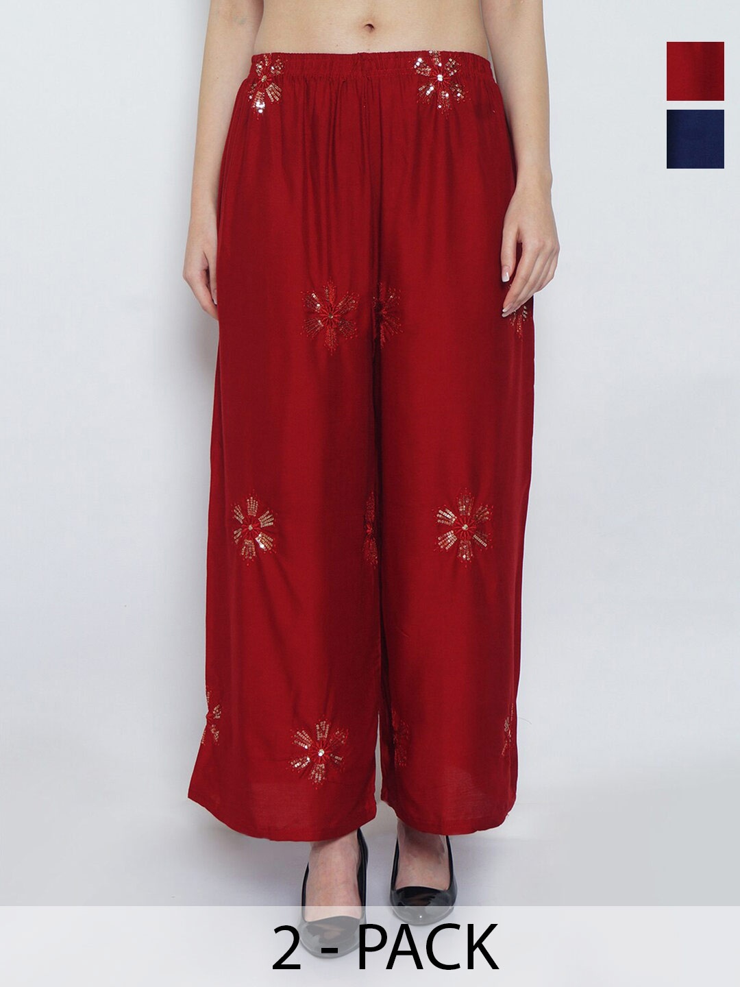 GRACIT Pack Of 2 Floral Embroidered Wide Leg Palazzos, Maroon