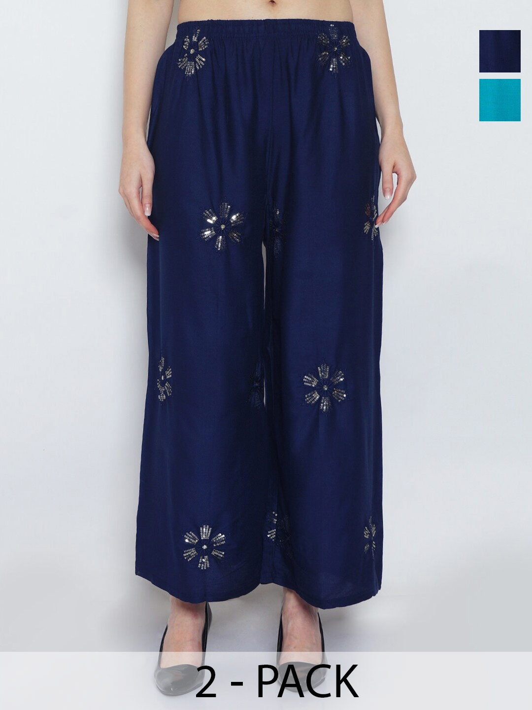 

GRACIT Pack Of 2 Floral Embroidered Wide Leg Palazzos, Navy blue