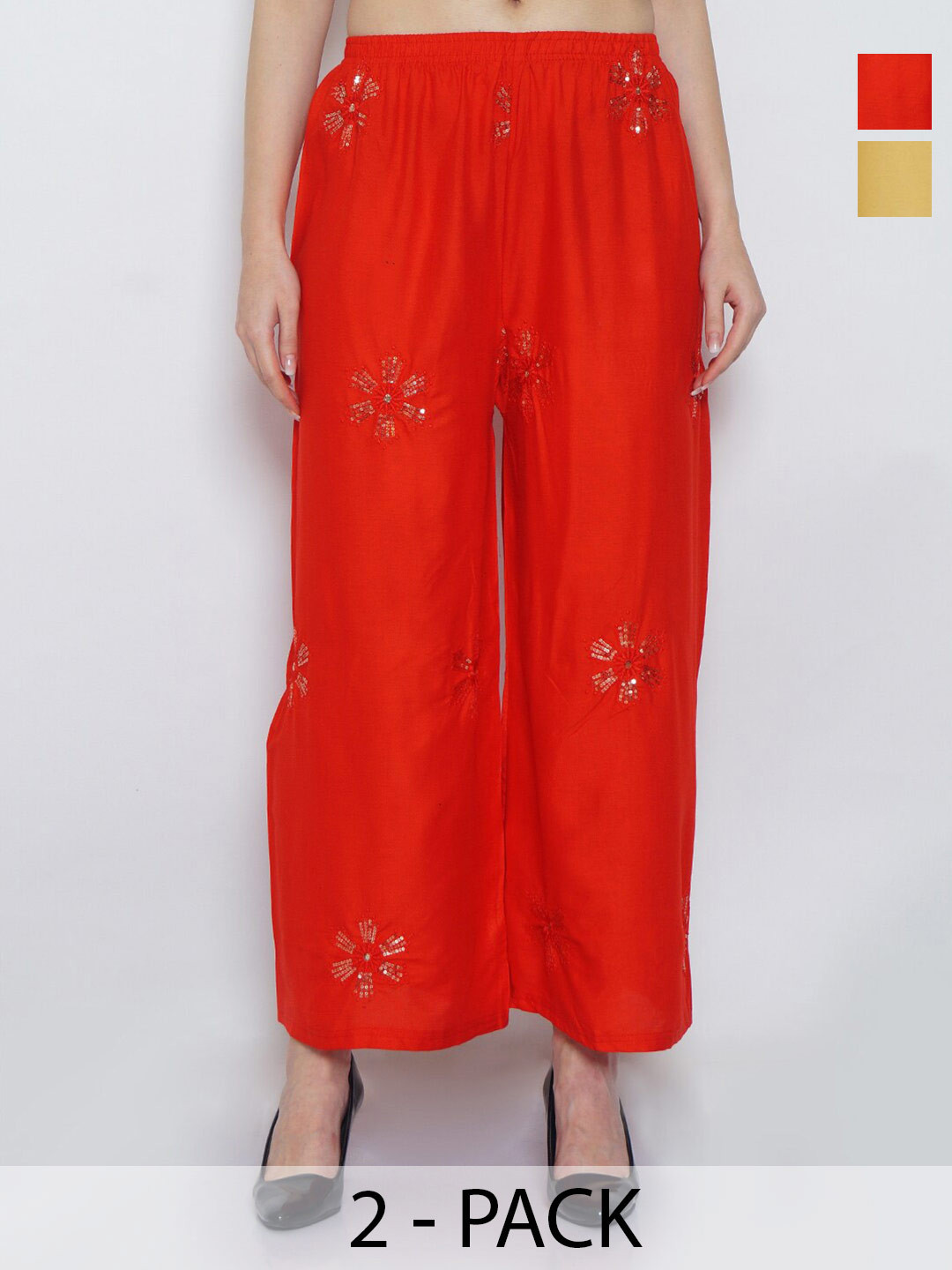 

GRACIT Pack Of 2 Floral Embroidered Wide Leg Palazzos, Red