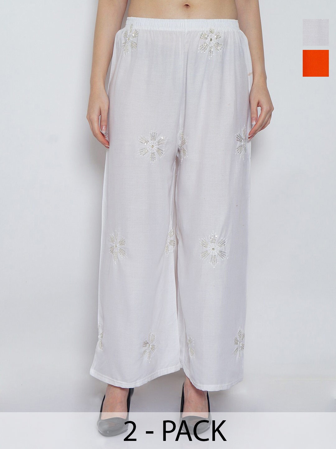 

GRACIT Pack Of 2 Floral Embroidered Wide Leg Knitted Palazzos, White