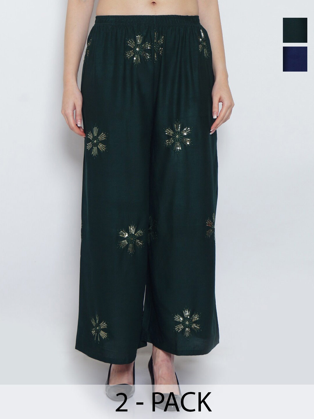 GRACIT Pack Of 2 Floral Embellished Wide Leg Palazzos, Green