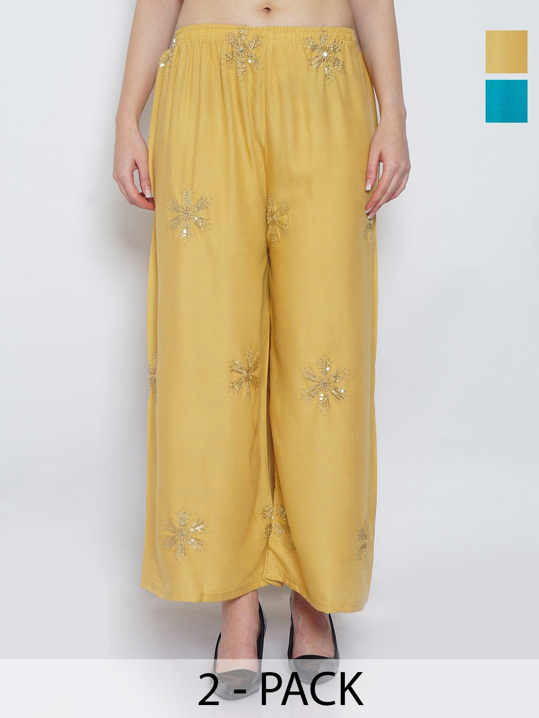 

GRACIT Pack Of 2 Floral Embellished Wide Leg Palazzos, Beige
