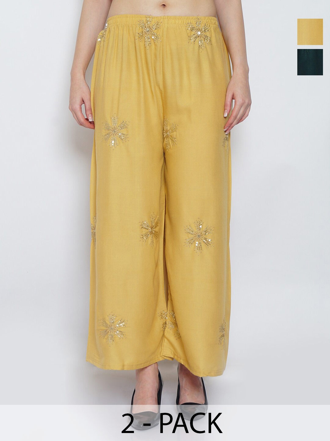 

GRACIT Pack Of 2 Floral Embroidered Wide Leg Palazzos, Beige