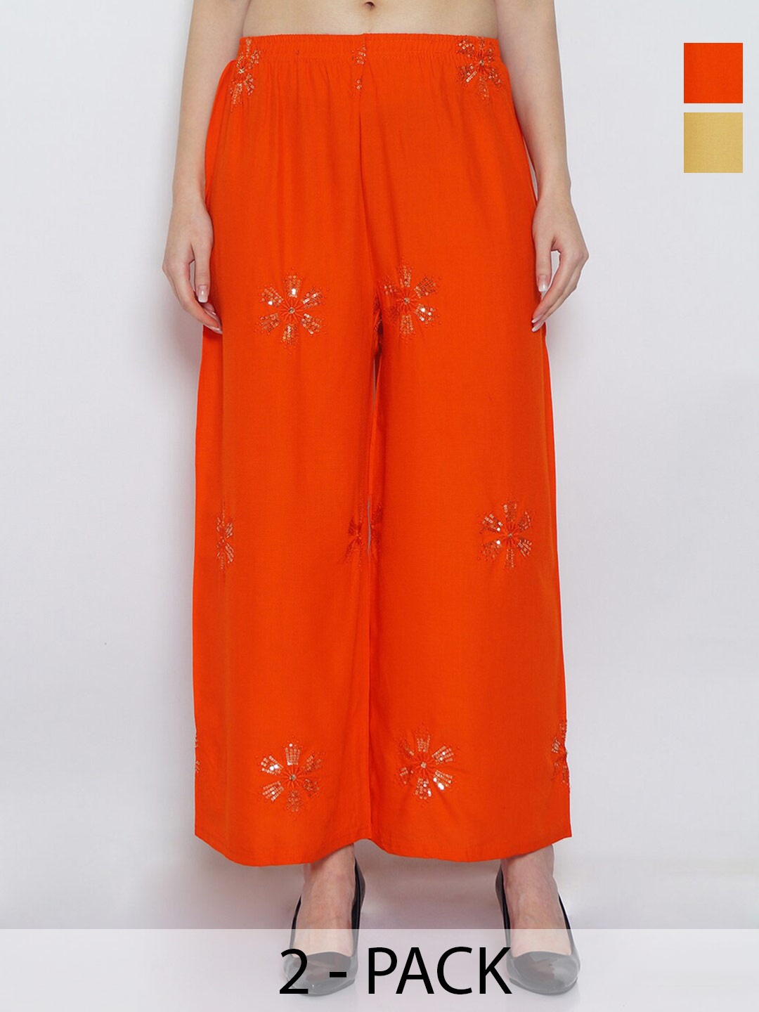 

GRACIT Women Pack Of 2 Floral Embroidered Wide Leg Knitted Palazzos, Orange