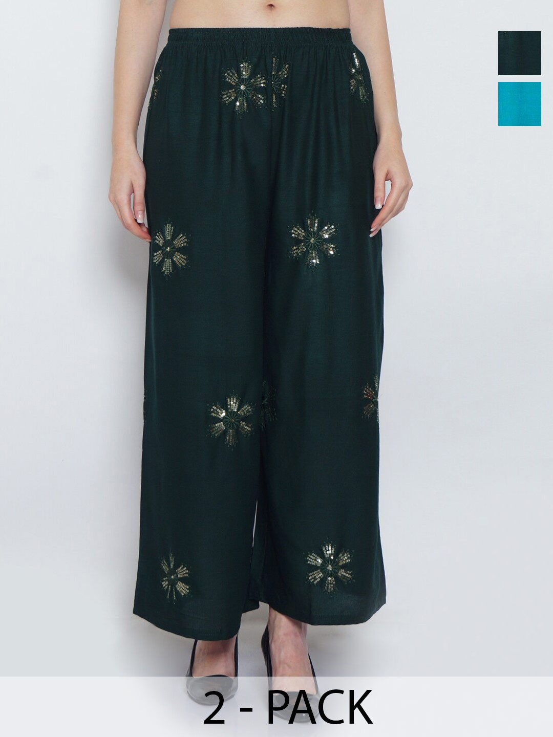 

GRACIT Pack Of 2 Floral Embellished Wide Leg Palazzos, Green