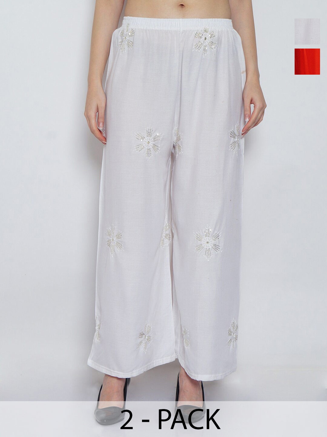 

GRACIT Pack Of 2 Floral Embroidered Wide Leg Knitted Palazzos, White
