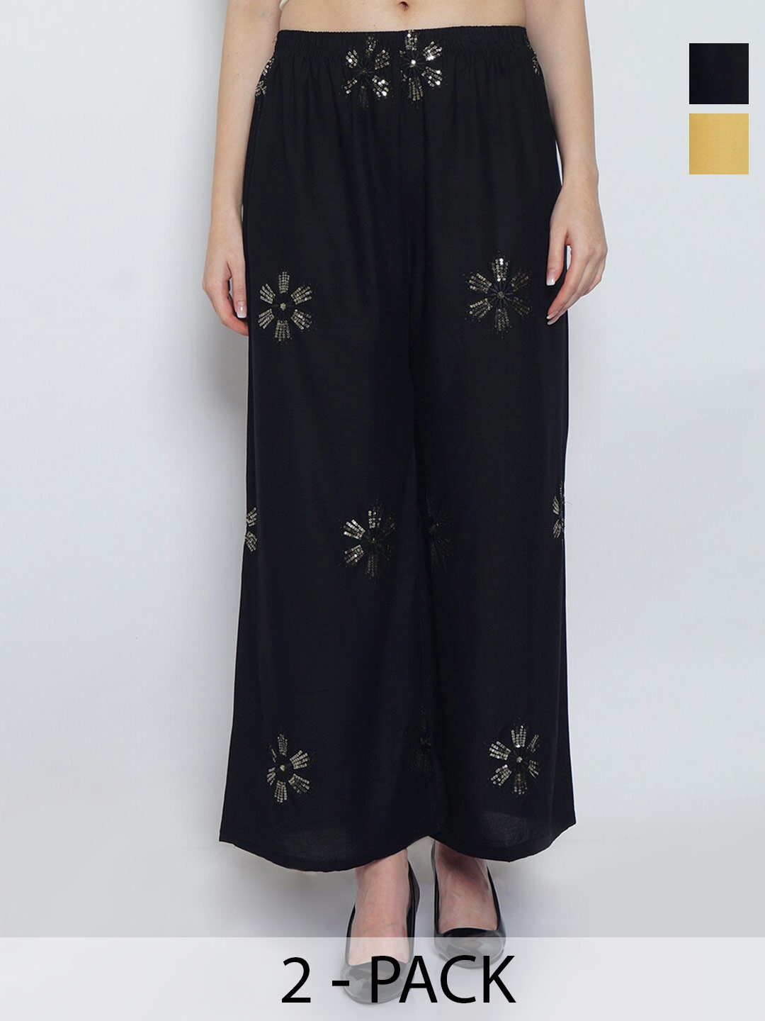 

GRACIT Pack Of 2 Floral Embroidered Wide Leg Knitted Palazzos, Black