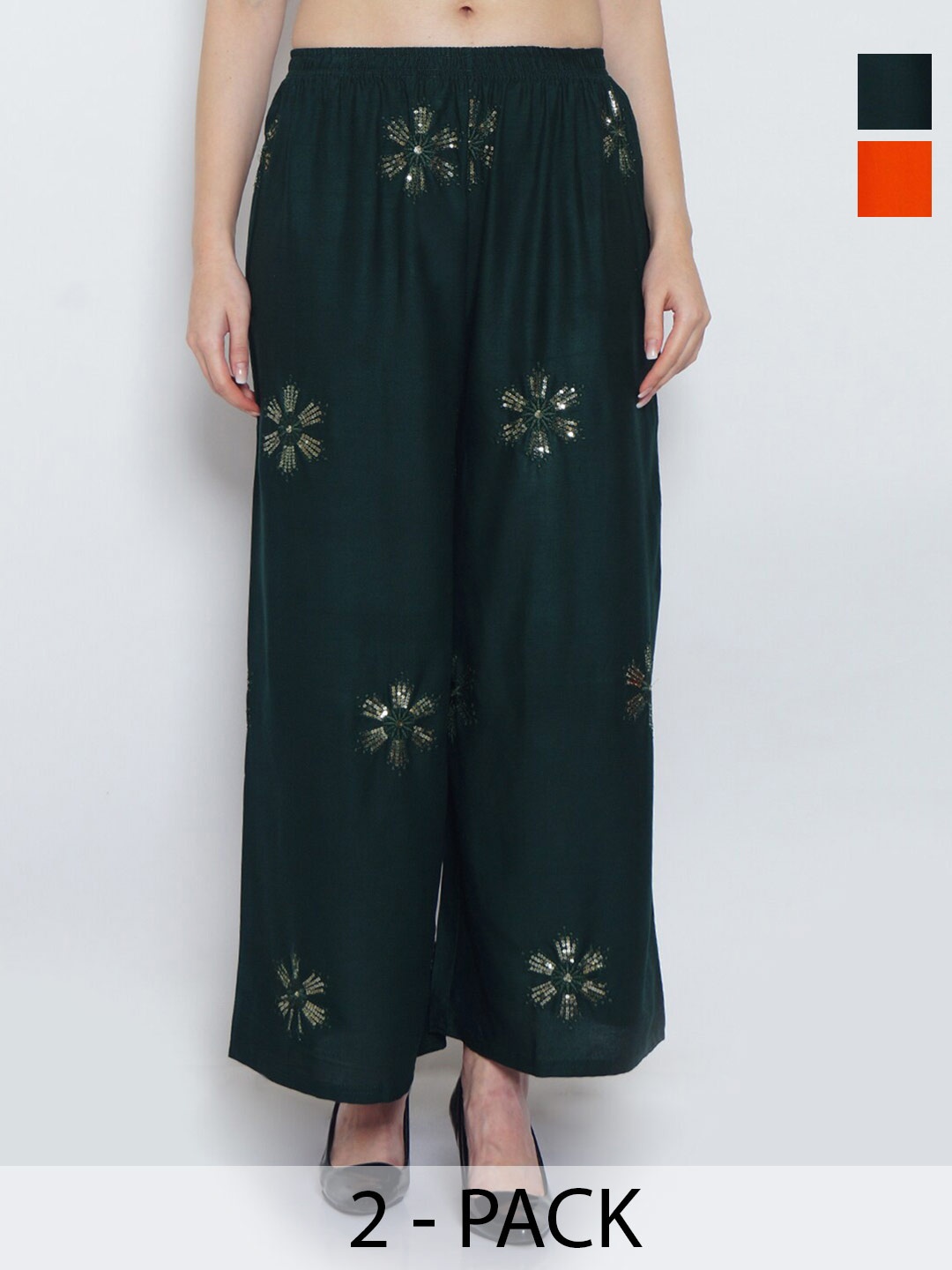 

GRACIT Pack Of 2 Floral Embroidered Wide Leg Knitted Palazzos, Orange