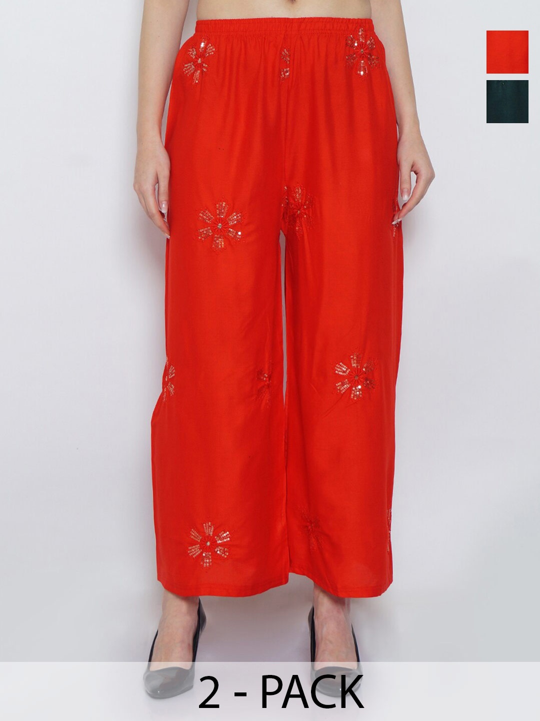 

GRACIT Pack Of 2 Floral Embellished Wide Leg Palazzos, Red