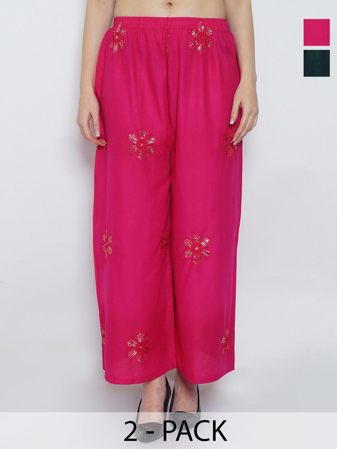

GRACIT Pack Of 2 Floral Embroidered Wide Leg Palazzos, Pink
