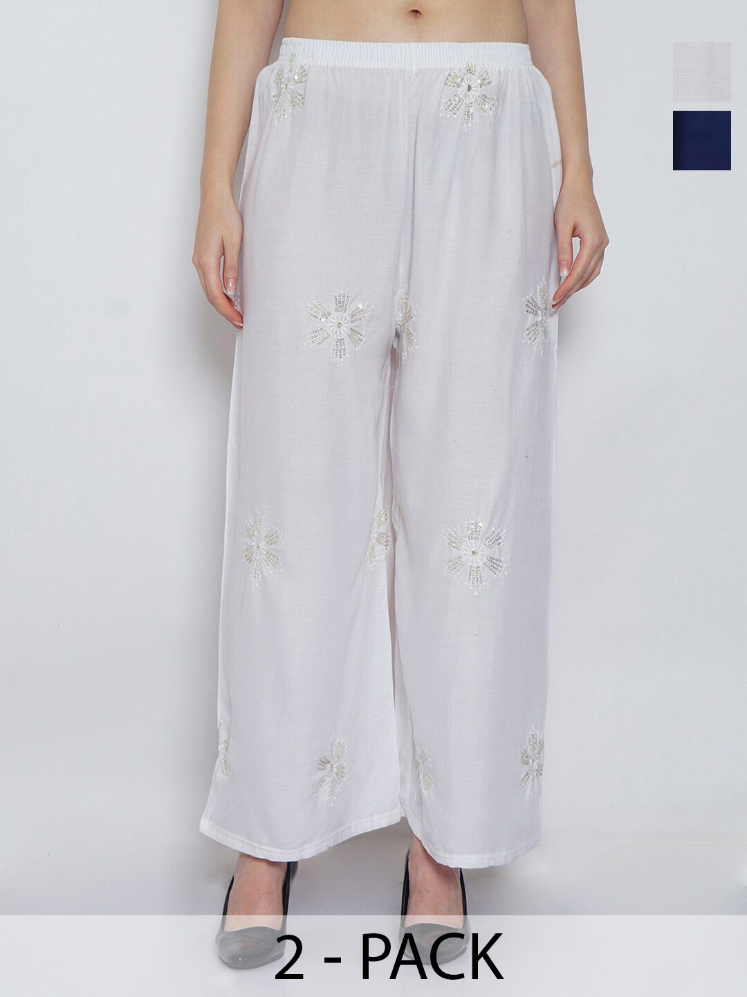 

GRACIT Pack Of 2 Floral Embroidered Wide Leg Palazzos, White