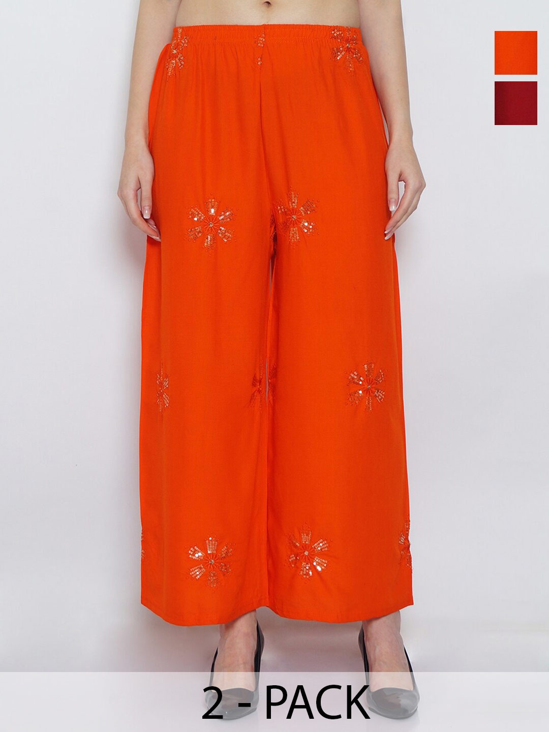 

GRACIT Pack Of 2 Floral Embroidered Wide Leg Knitted Palazzos, Orange