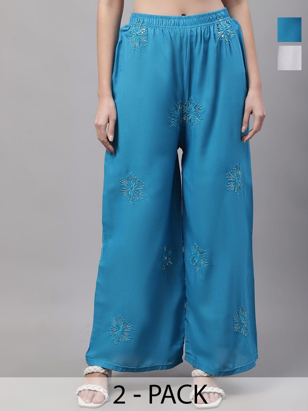 

GRACIT Pack Of 2 Floral Embellished Wide Leg Palazzos, White