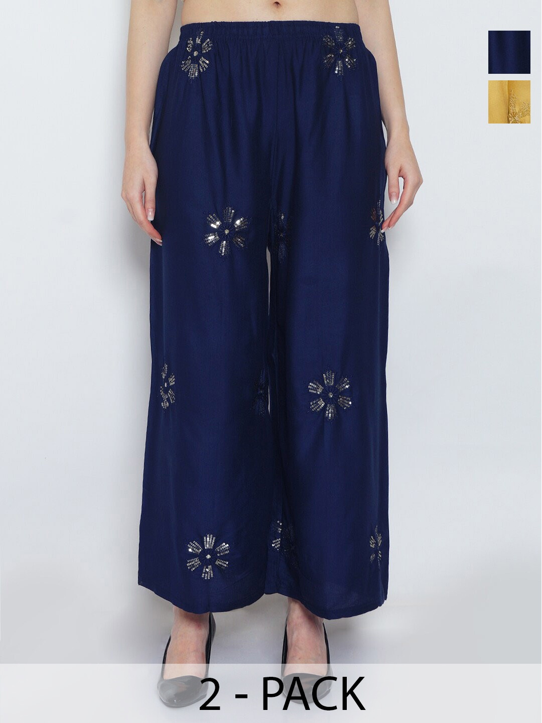 GRACIT Pack Of 2 Floral Embroidered Wide Leg Knitted Palazzos, Beige