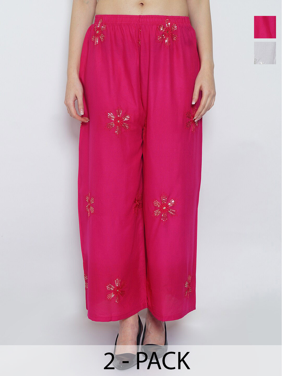 

GRACIT Pack Of 2 Floral Embellished Wide Leg Palazzos, White