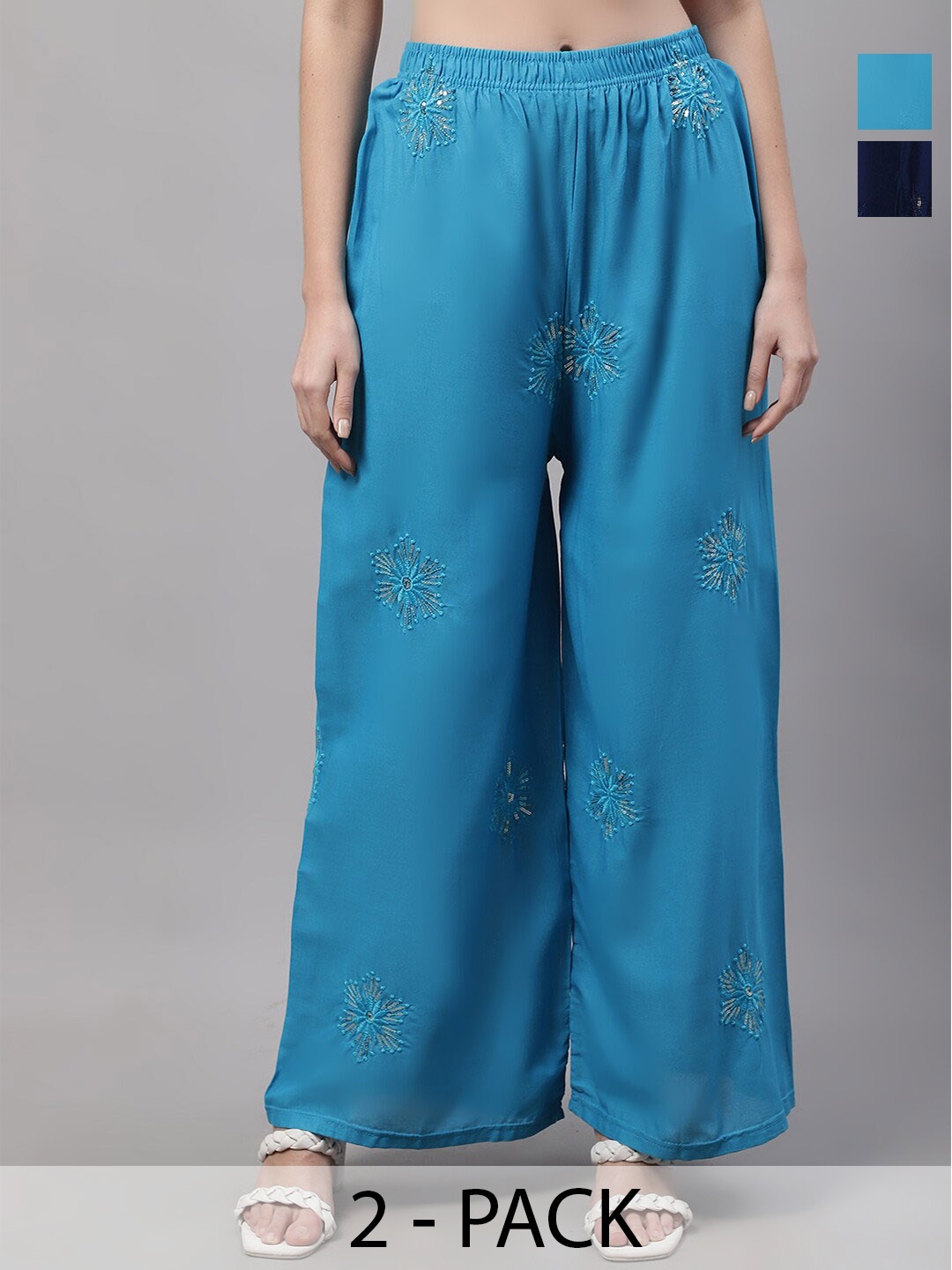 

GRACIT Pack Of 2 Floral Embroidered Wide Leg Palazzos, Navy blue