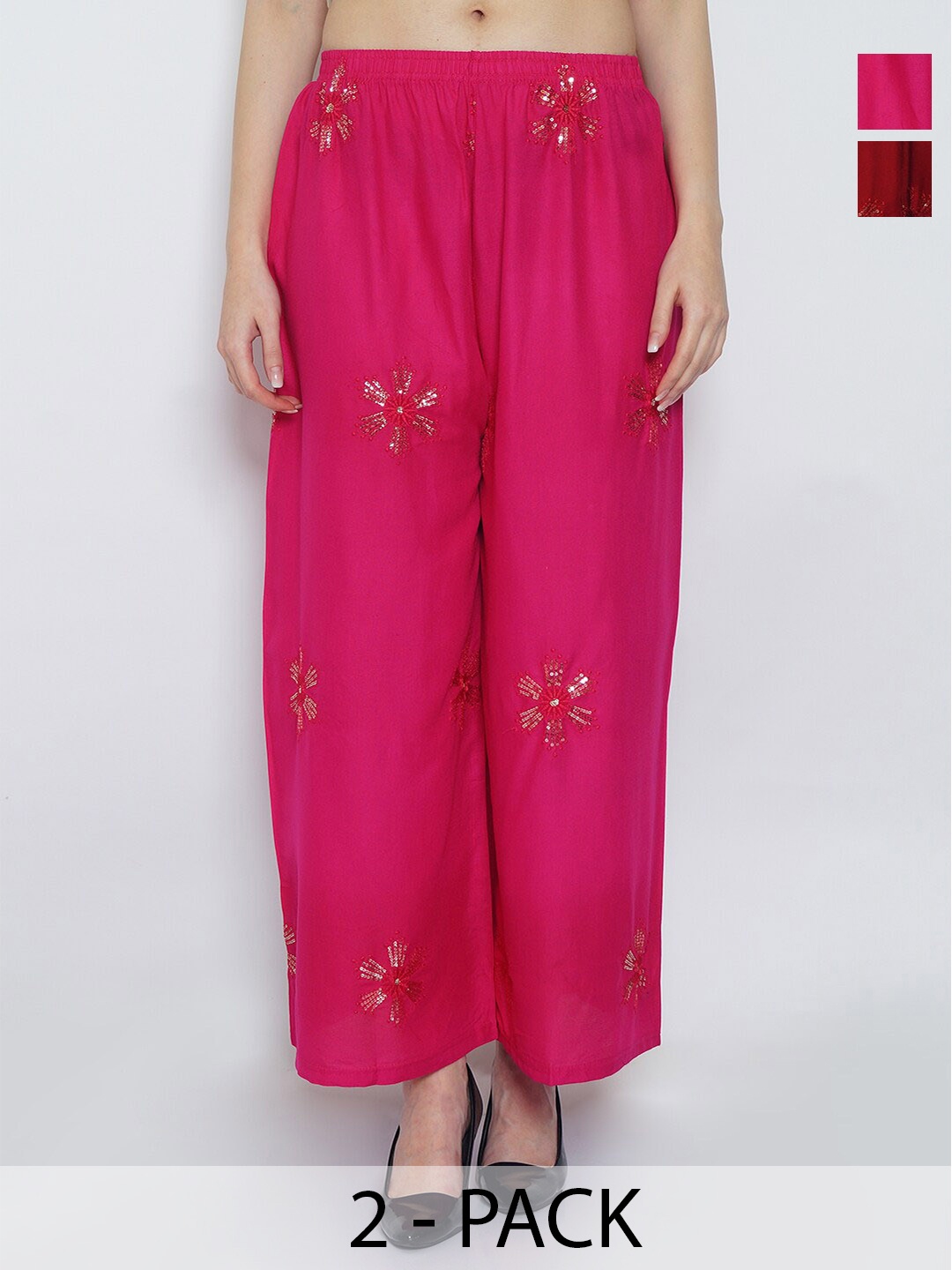 GRACIT Pack Of 2 Floral Embellished Wide Leg Palazzos, Pink