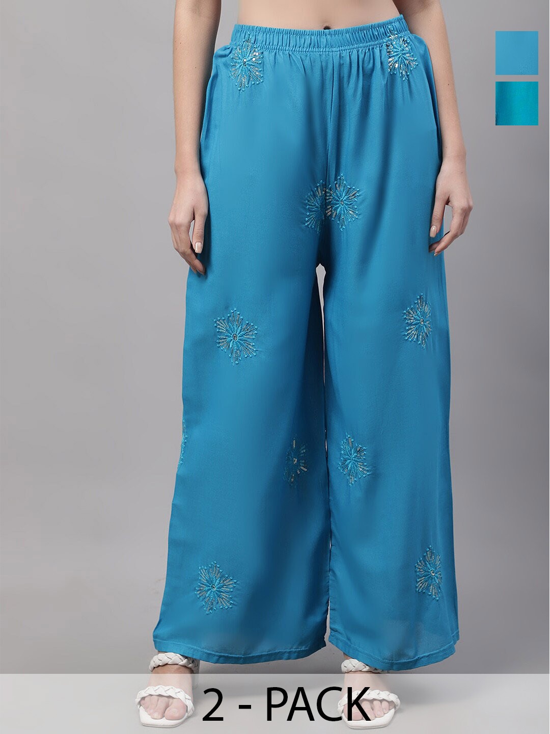

GRACIT Pack Of 2 Floral Embellished Wide Leg Palazzos, Turquoise blue