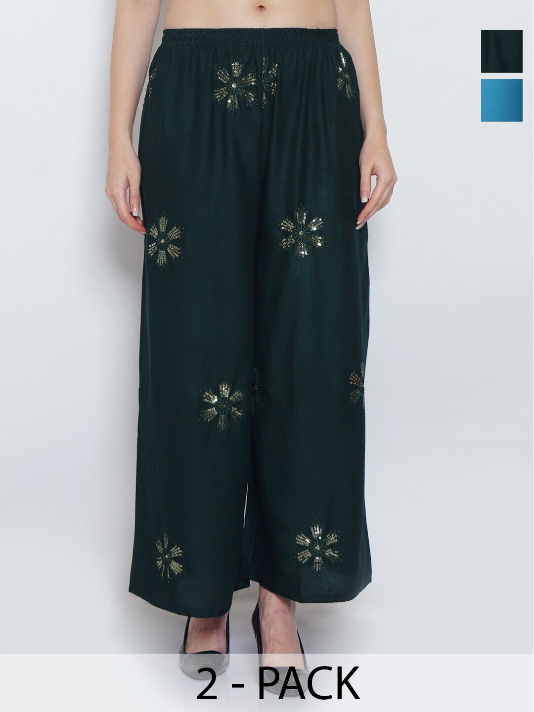 

GRACIT Pack Of 2 Floral Embroidered Wide Leg Palazzos, Green