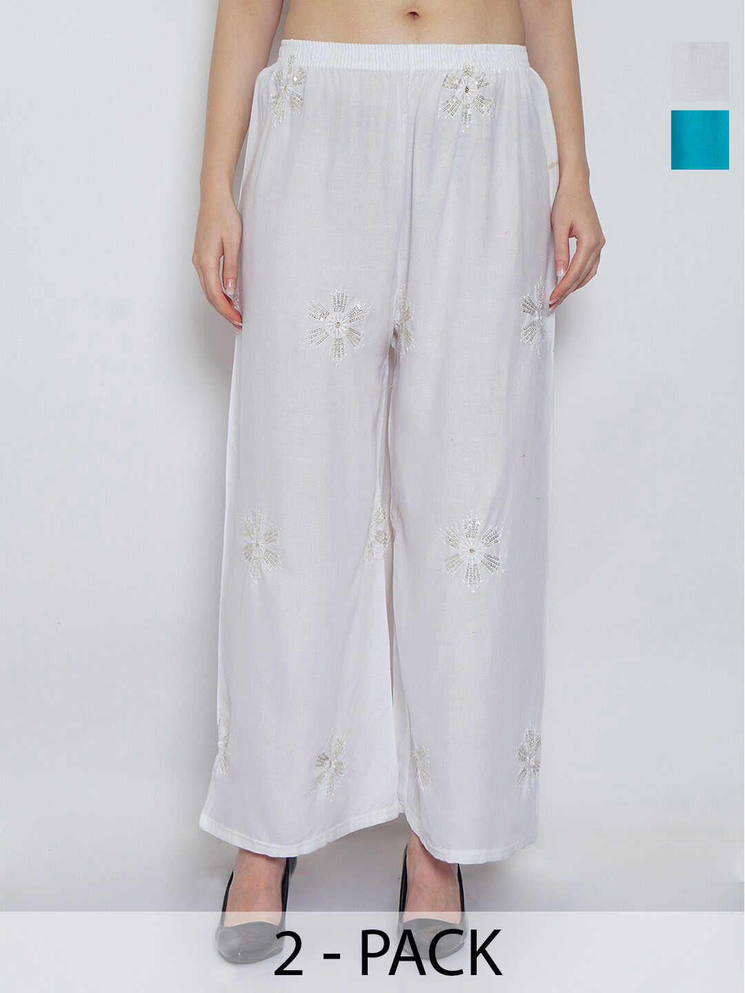 

GRACIT Pack Of 2 Floral Embellished Wide Leg Palazzos, White