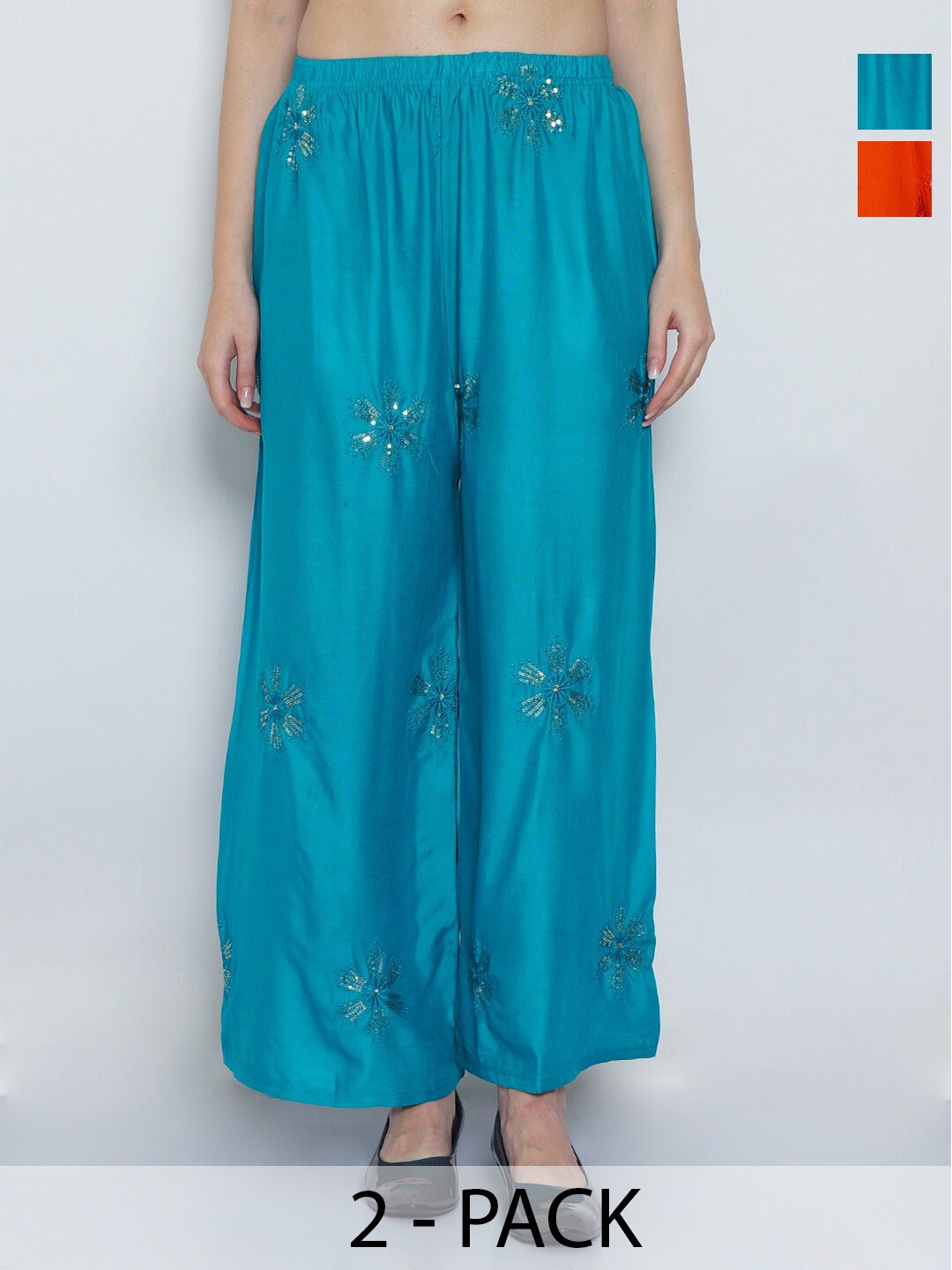 

GRACIT Pack Of 2 Floral Embroidered Wide Leg Palazzos, Orange