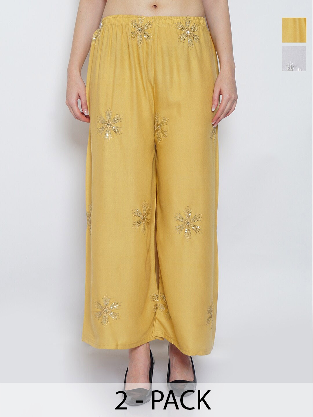 

GRACIT Pack Of 2 Floral Embellished Wide Leg Palazzos, White