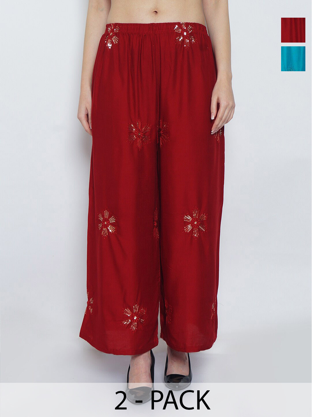 

GRACIT Pack Of 2 Floral Embroidered Wide Leg Knitted Palazzos, Maroon